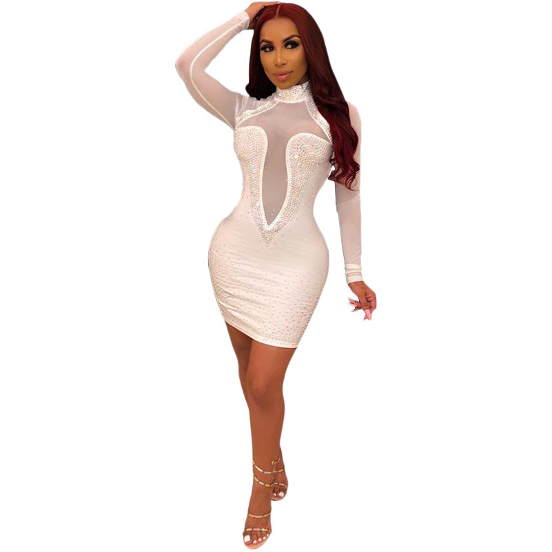Transfronterizo nuevo deseo AliExpress Amazon mujeres de Europa y América rhinestone caliente de malla sexy vestido de discoteca H3281
