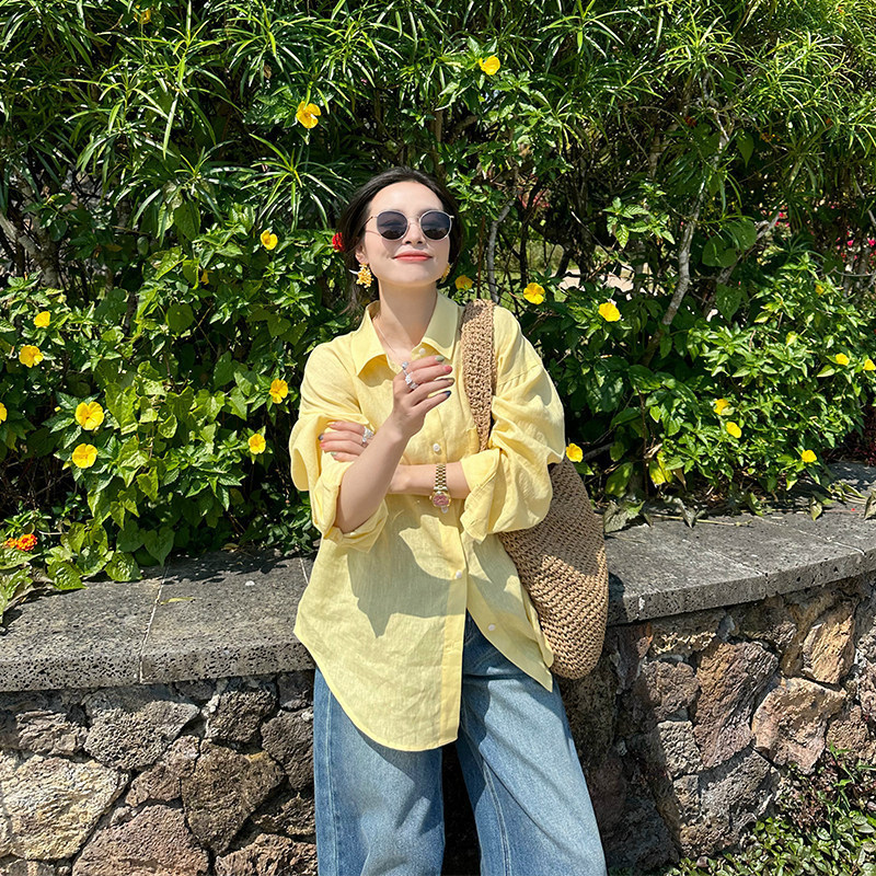 Jin Suyi Yellow 100% Linen Shirt for Women 2026 Spring and Autumn Korean Style Versatile Thin Sun Protection Shirt Chic Top