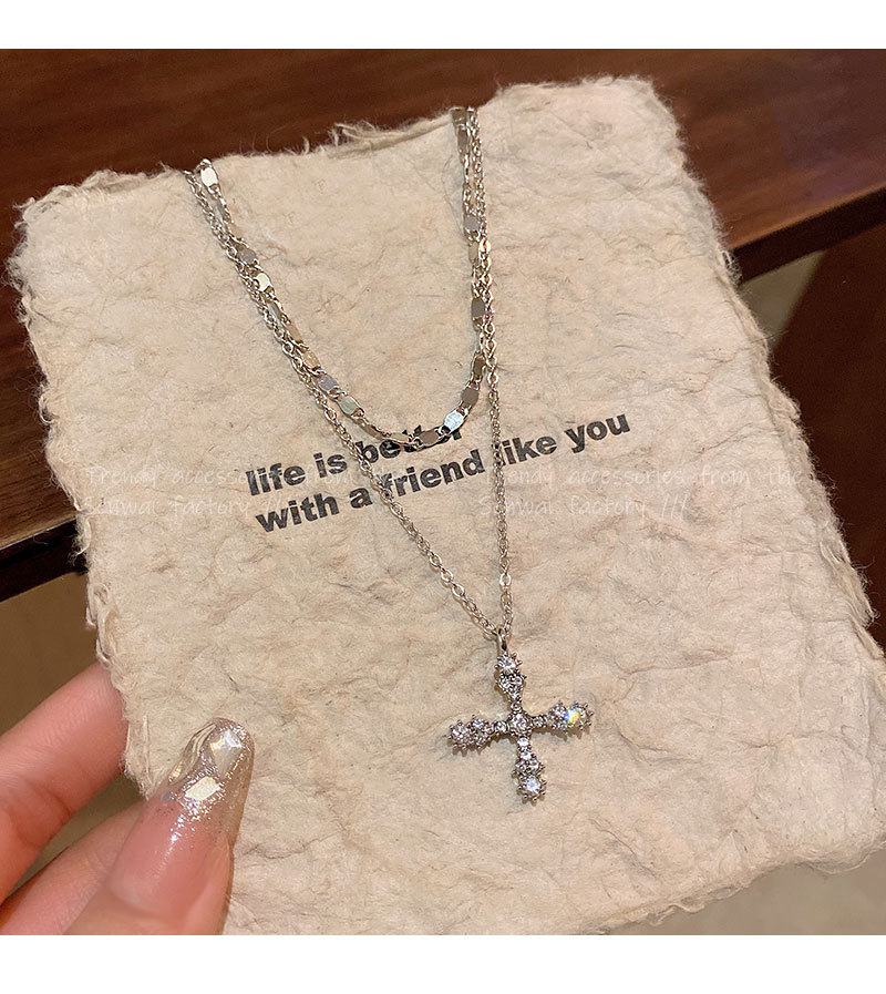 rhinestone cross double-layer necklace for women light luxury minority design hot girl clavicle chain trendy cool personality new ornament undefined