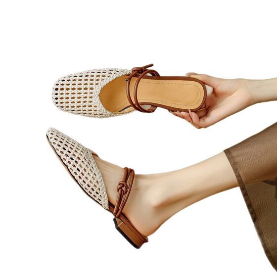 French Style Retro Woven Hollow-out Baotou Half Slippers Women's Summer Outfit Low Heel One-Shoe with Mary Jane Lazy Muller Shoes