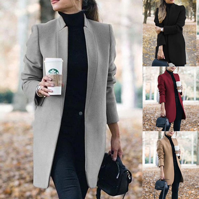 2026 New European and American Fashion Style Autumn and Winter Outwear for Women, Pure Color Stand-Up Collar Slim Long Woolen Outwear for Women