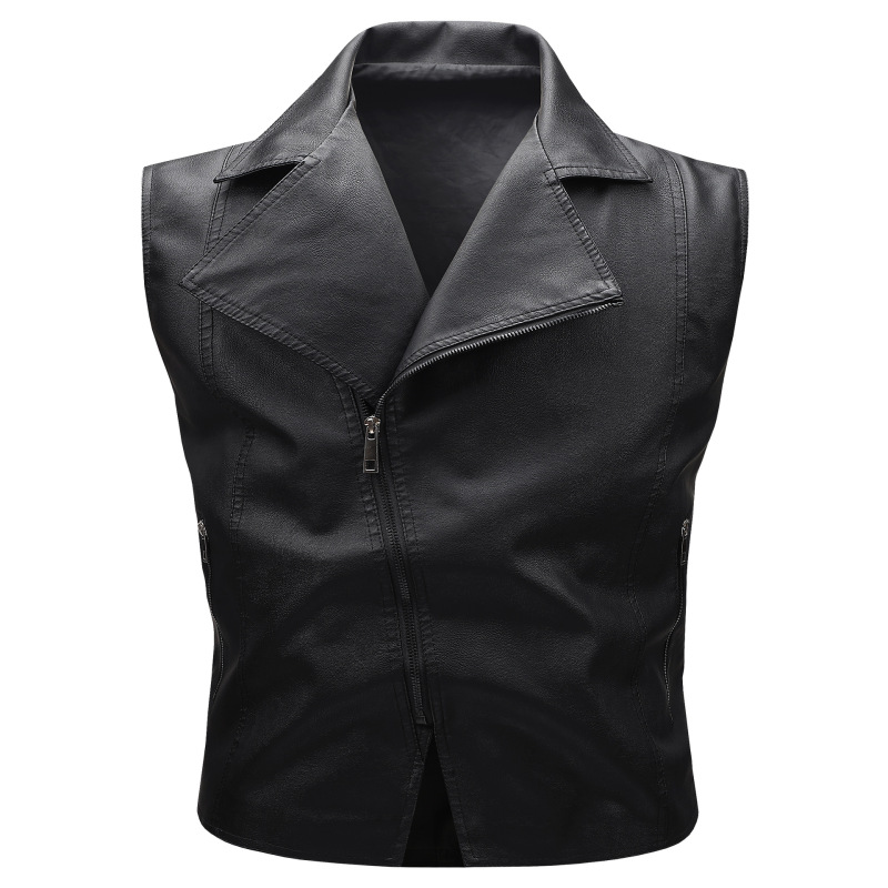 Men's Pu Leather Vest, Sleeveless Biker Style Casual Vest with Zipper, Cross-Border Fashion Men's Clothing