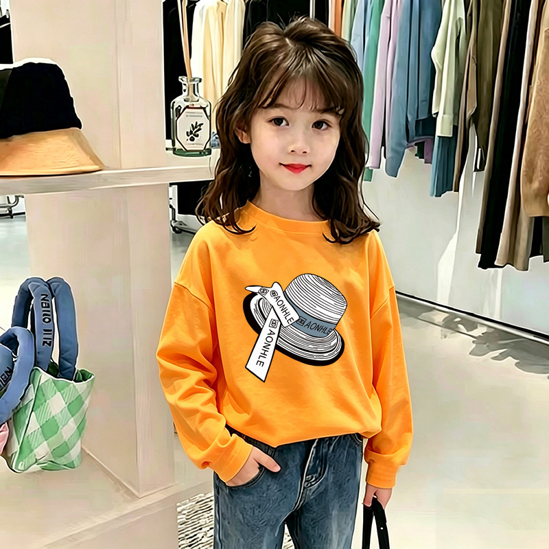 春秋薄款时尚宽松女宝圆领上衣长袖t恤女童纯棉卡通动漫长袖T恤衫