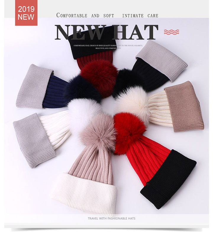 Chapeau chaud d'automne et d'hiver en forme de boule de renard, couleur unie, tricoté, pour adultes et enfants, mode parent-enfant_voghion.com