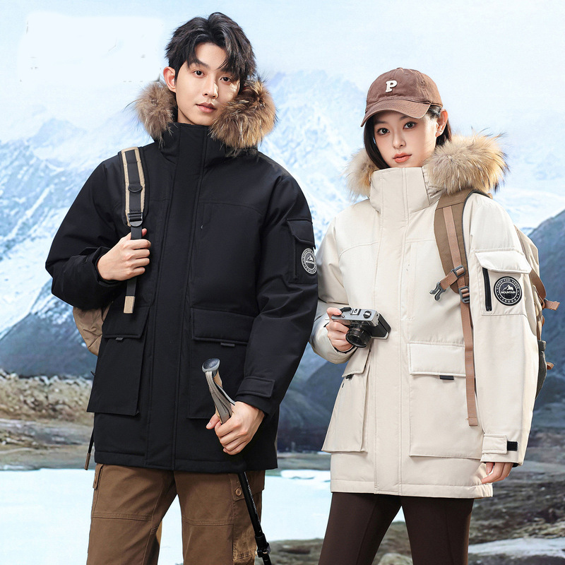 2026 Winter Cross-Border Mid-Length Couple's Workwear Down Jacket, Unisex, Thickened and Warm, White Duck Down Coat