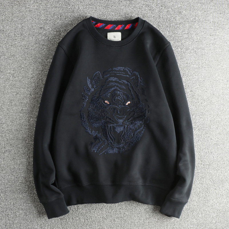 老虎头刺绣 加绒加厚秋冬美式休闲男式卫衣舒适圆领百搭套头长袖