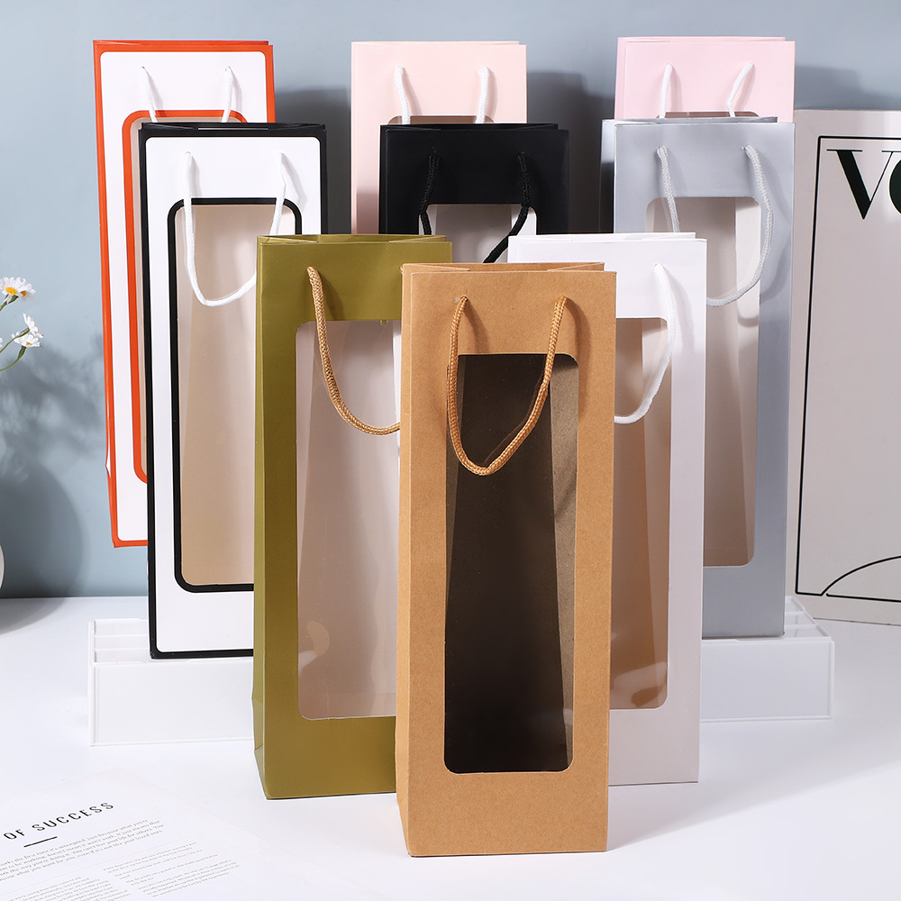 彩色开窗礼品袋长方形透明橱窗红酒包装袋ins手提鲜花礼品包装袋