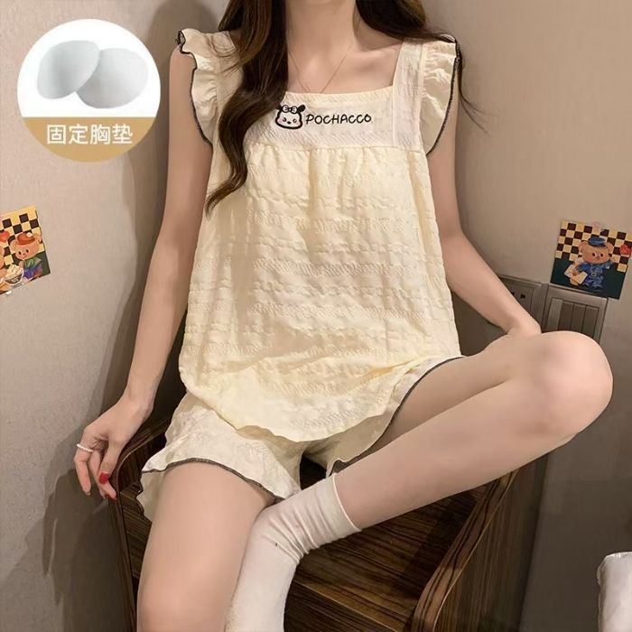 Pijamas transfronterizos con almohadilla para el pecho para mujer verano nuevo estilo pequeño volador con almohadilla para el pecho pijamas de dos piezas de dibujos animados lindos de alto valor