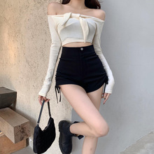 两侧系带高腰一粒扣黑色裤女2025年秋冬韩版百搭显瘦外穿短裤性感