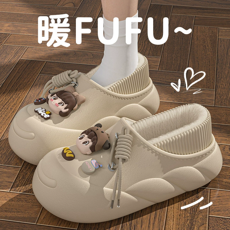 Хлопковые тапочки женские зимние 2024 новые бархатные утолщенные дома носить водонепроницаемый мешок с милой маленькой девочкой хлопчатобумажные туфли