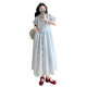Real shot 2025 summer new bow blue and white jacquard red buckle pregnant women dress