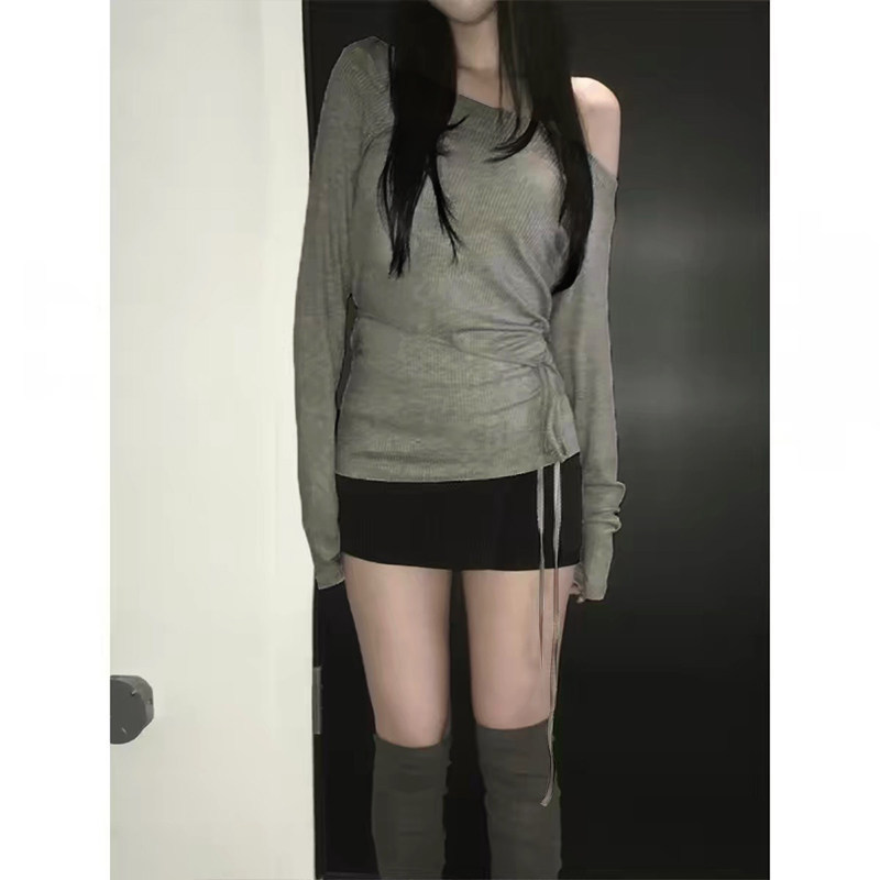 MosesQueen Asymmetrical Shoulder Long Sleeve T-Shirt with Drawstring Waist, Off-Shoulder Slim Fit Base Layer Top MosesQueen Asymmetrical Shoulder Long Sleeve T-Shirt with Drawstring Waist, Off-Shoulder Slim Fit Base Layer Top
