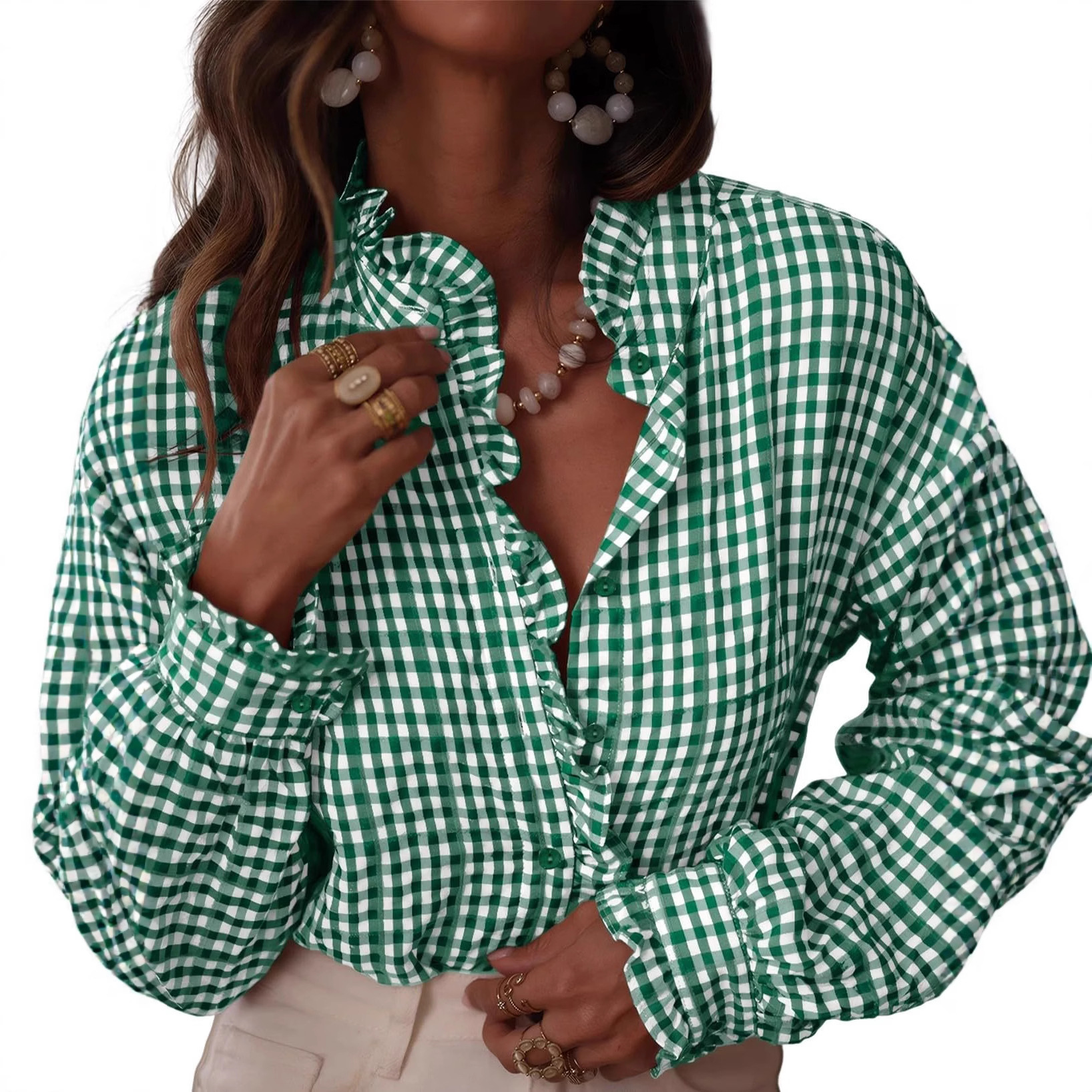 2025 European and American Export Amazon Tk Women's Plaid Pleated V Neck Shirt Casual Long-Sleeved Plaid Fashion Top