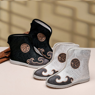 Chinese Style Retro Han Embroider Clothing Ethnic Boys Adult Antique Shoes Short Boots Embroidered Non-Slip Kidsren's High-Top Cloth Shoes