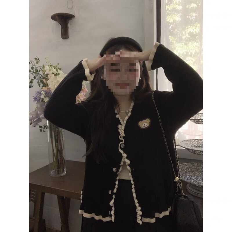 Plus Size Chubby Xu Dabu Cute Bear Edge Black Chanel-Style Internet Celebrity Autumn Shirt