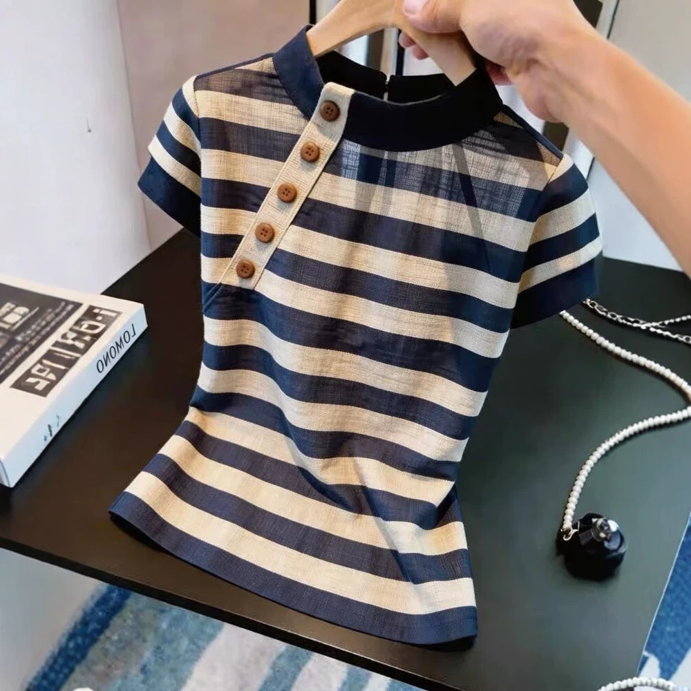 Áo thun nữ cổ tròn sọc ngang tay ngắn phong cách Hàn Quốc — sọc chi tiết 2