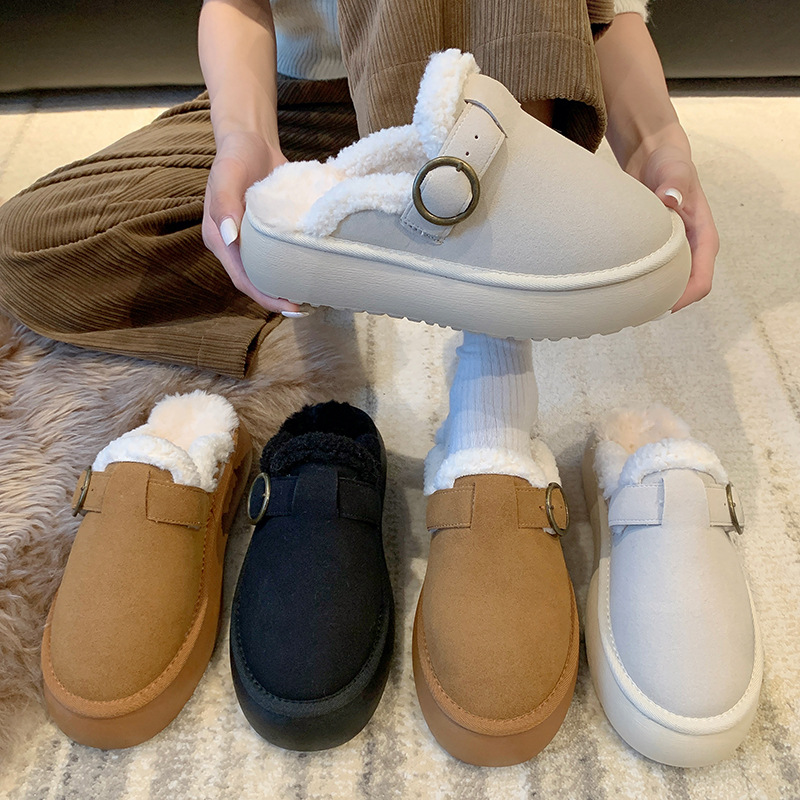 Pantoufles fourrées femme à plateforme mules en coton à boucle_voghion.com