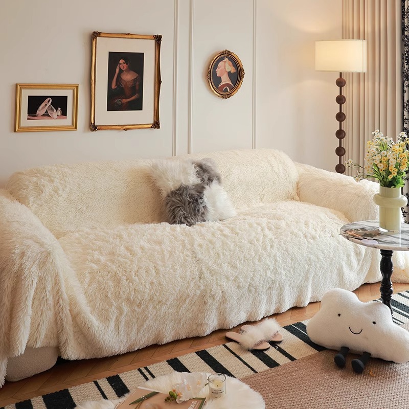 All-Inclusive Sofa Cushion New Style Simple Cover Cloth Single/Three-Seater Straight Row Cover Blanket Cream Style Winter Plush Sofa Cover
