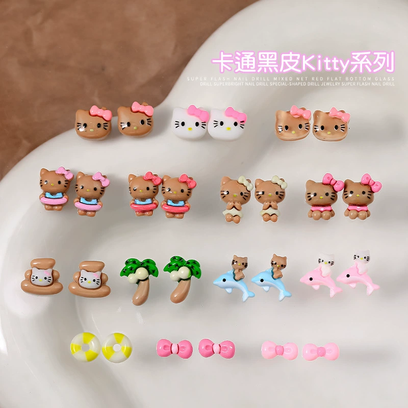 Иу Маникюр Черная кожа Hello Kitty KT Cat Носить ногтевые украшения ins Смола Мини стерео мультфильм Kitty Cat