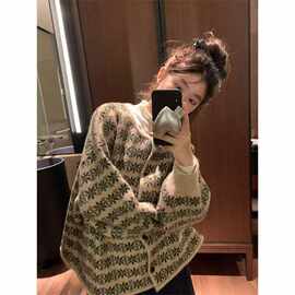 春秋冬复古提花新款宽松开衫花朵圆领外套2025毛衣古着休闲针织衫