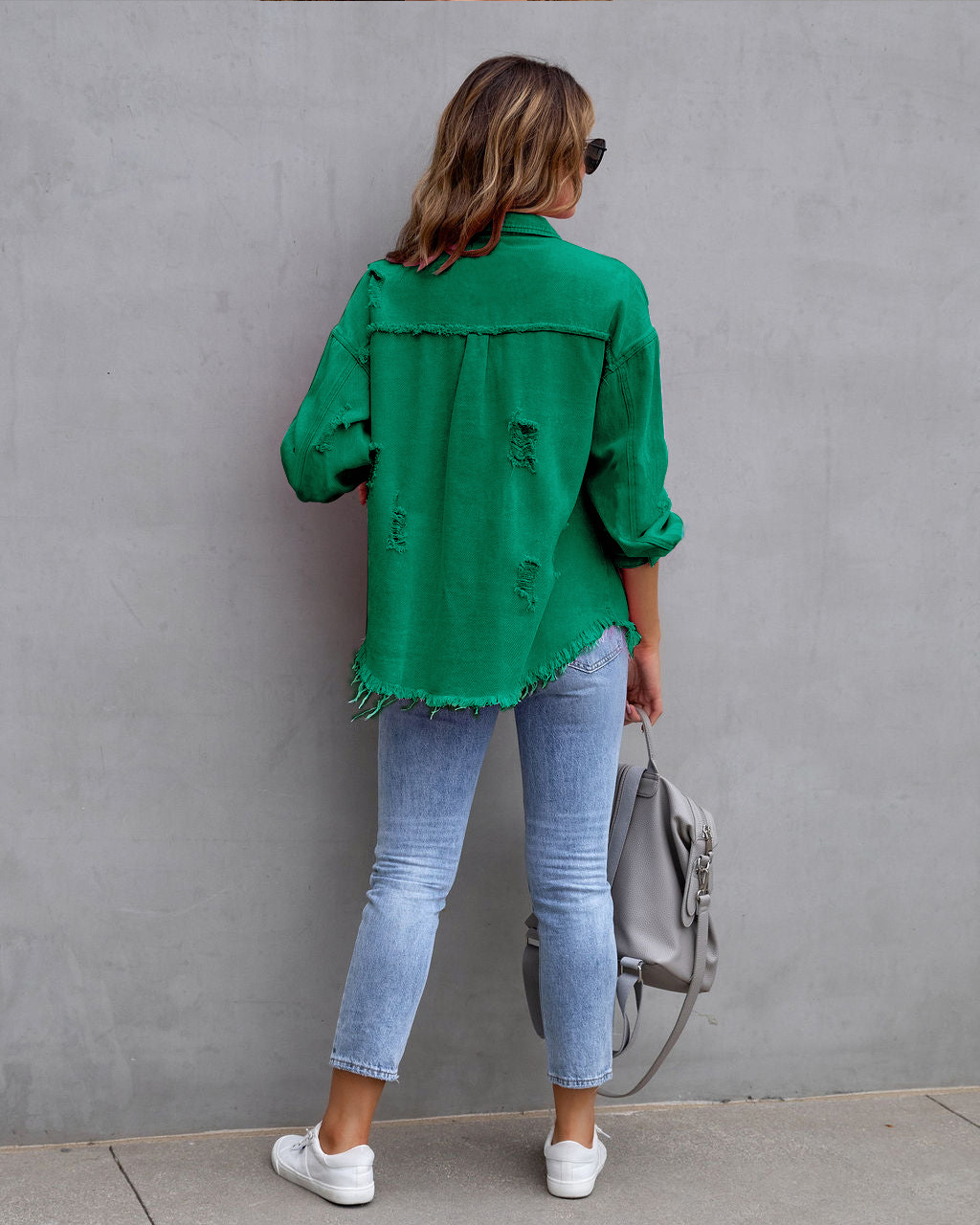 Giacca di jeans donna con volant strappata bavero manica lunga_voghion.com