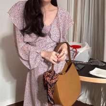 现货代购韩国chic 韩国东大门 复古温柔气质荷叶领碎花连衣裙女装