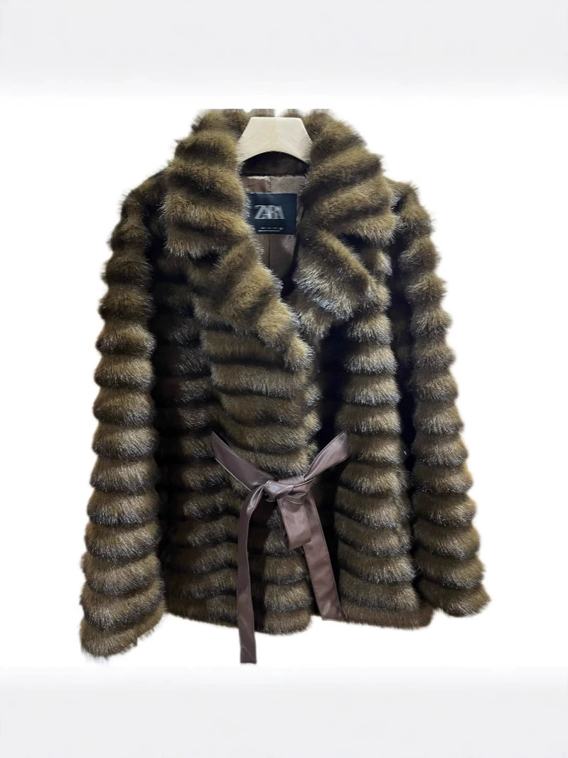 Faux‑mink integrated fur coat, mid‑length with collar, eco‑friendly design