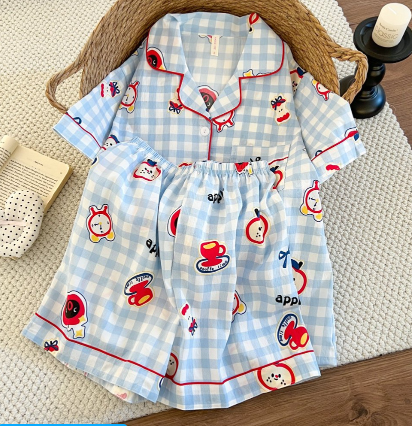 Cute punto de onda KT gato nubes pijamas de algodón mujer pantalones cortos de manga corta de verano coreano cuello de dibujos animados set de ropa para el hogar