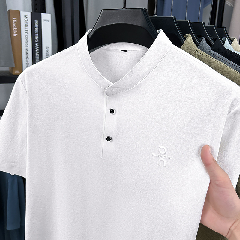 夏新作ハーフオープンVネックスタンドカラープレスラベル半袖Tシャツメンズシンプルファッション薄手カジュアル半袖トップス|undefined