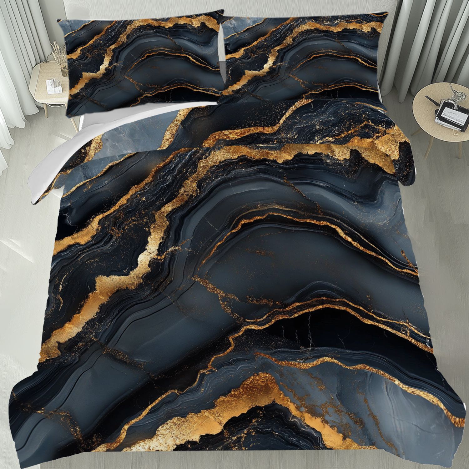 TEMU / JIT polvo oro mármol textura suave molienda impresión digital kit de colcha se puede ajustar