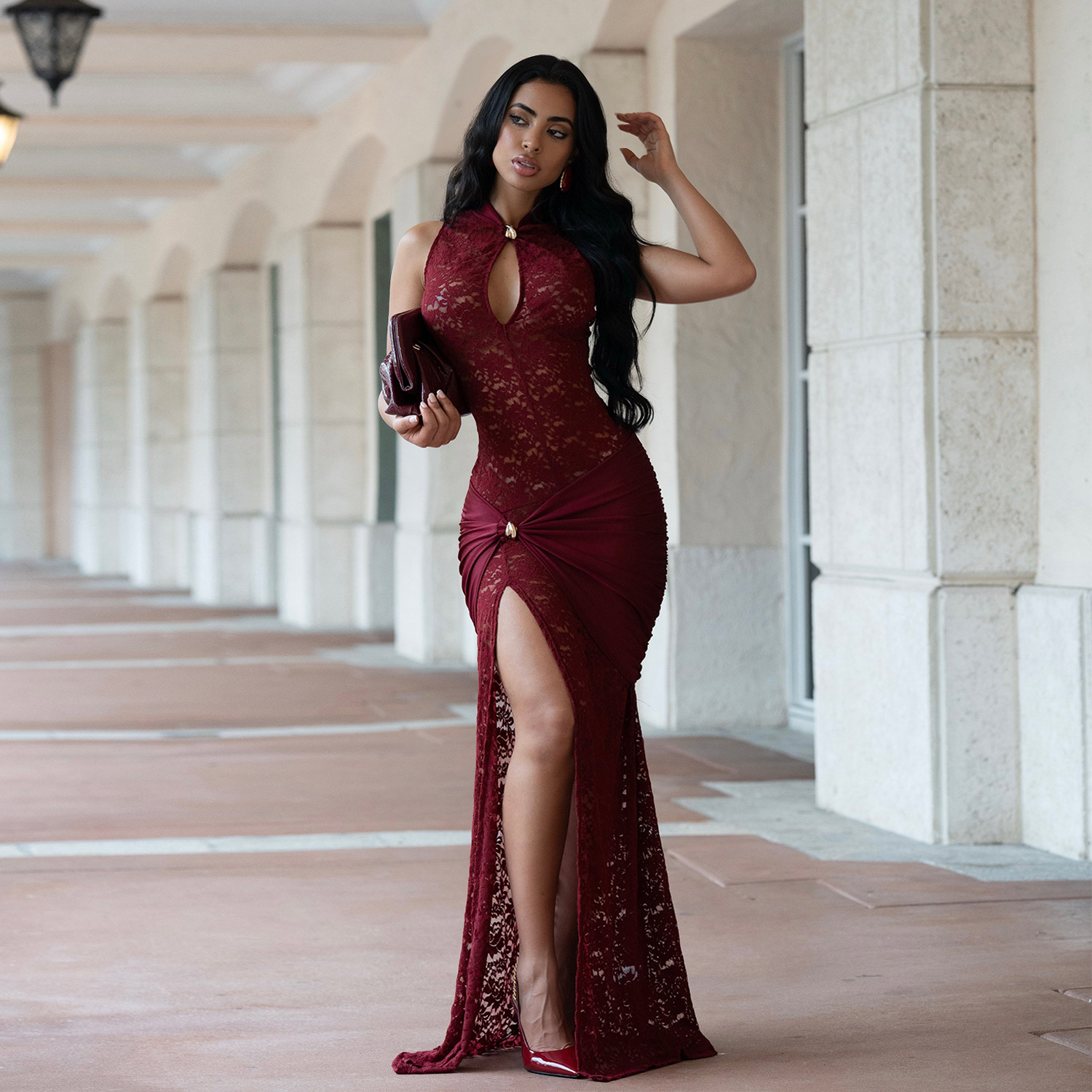 C7641 Aliexpress transfronterizo amazon ropa de moda europea y americana de mujer sexy encaje hueco bifurcado vestido delgado