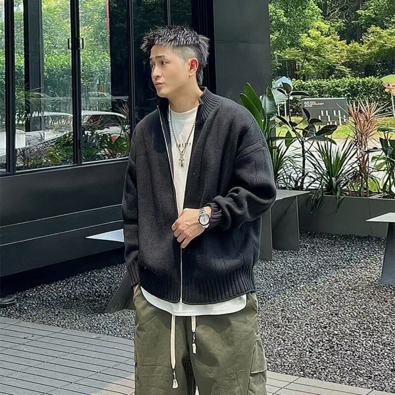 Stand Collar Knitted Cardigan Jacket for Men Spring, Autumn and Winter 2025 New Style Lazy Style Outer Wear Loose Casual Sweater Trend