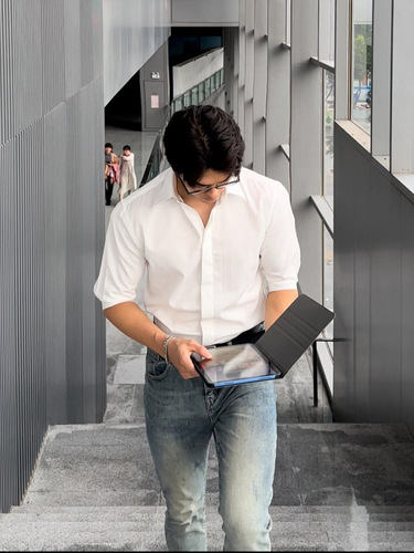 Black Men's Short Sleeve Shirt Trendy High-End British Rugged Men's Summer Outfit Seven-Fifths Mid-Sleeve Shirt Slim Fit