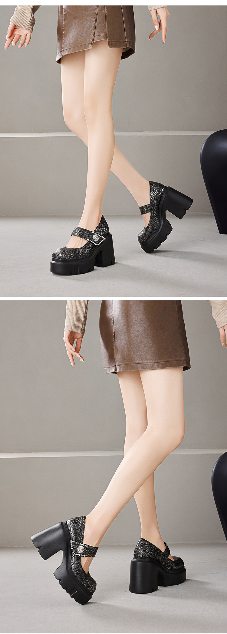 Giày Mary Jane nữ da thật gót cao 12 cm đế dày phong cách Pháp — màu đen chi tiết 10