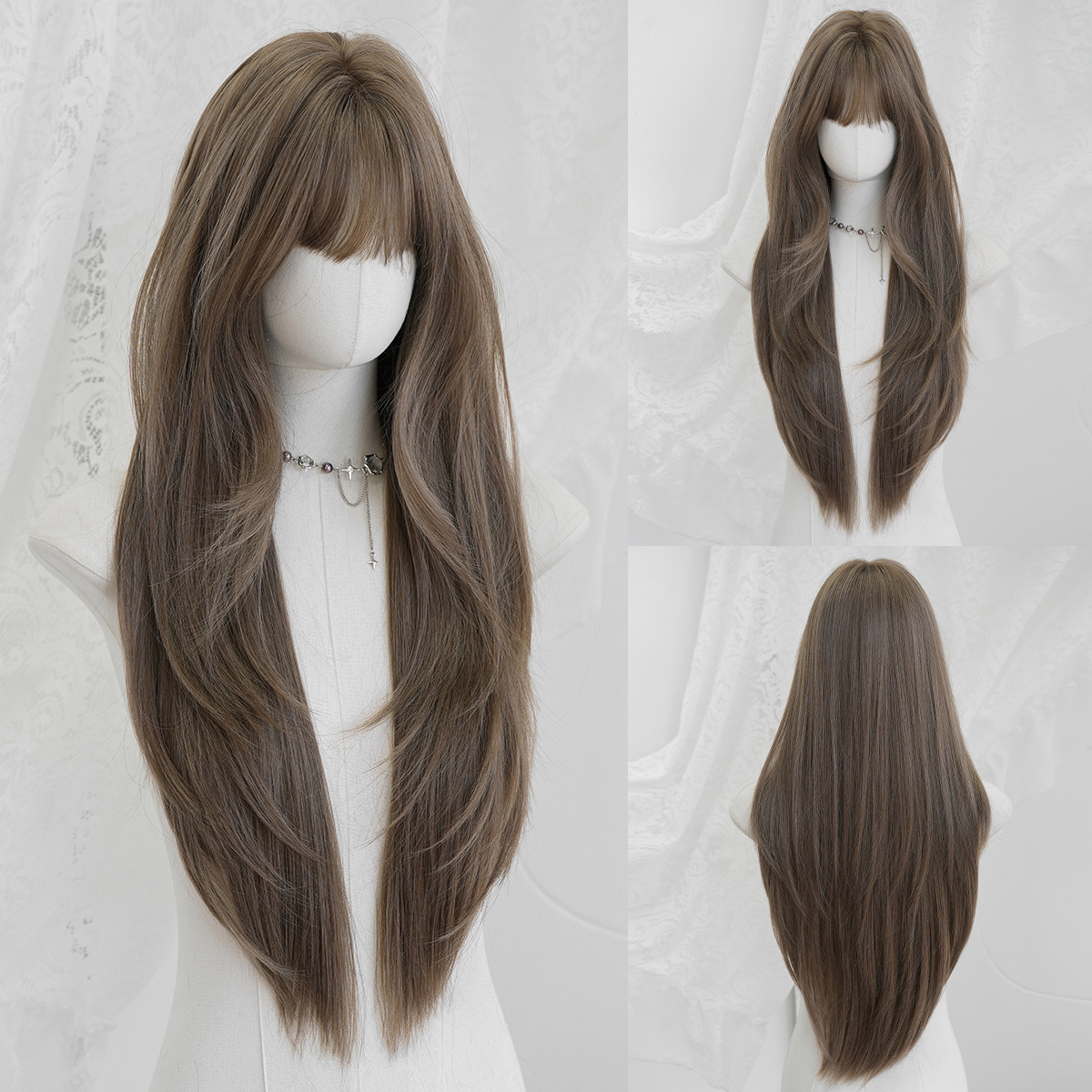 Peruca de moda femenina cara redonda capa de cabello recto super largo cabello negro completo peluca de alta calidad fibra química cubierta de cabeza