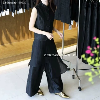 龟裂纹真丝香云纱阔腿长裤 侧边欧根纱拼接设计垂感飘逸女裤 114