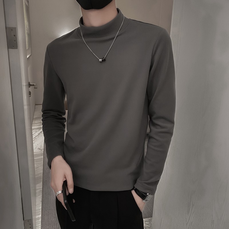 Luz viento maduro terciopelo medio cuello alto suéter hombres forrado de lana otoño e invierno marca de moda manga larga color sólido moda camisa de fondo camiseta