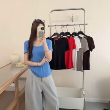 夏季新款韩系简约纯色净版修身u领正肩短袖T恤显瘦上衣女潮2127