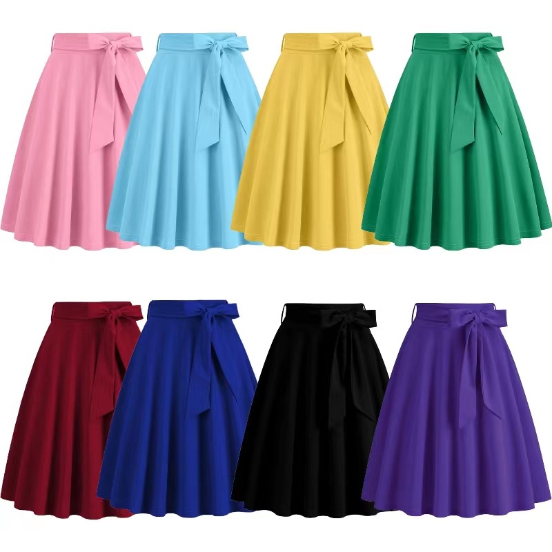 Amazon hot sale European and American women's skirt retro Hepburn style large swing lace-up skirt