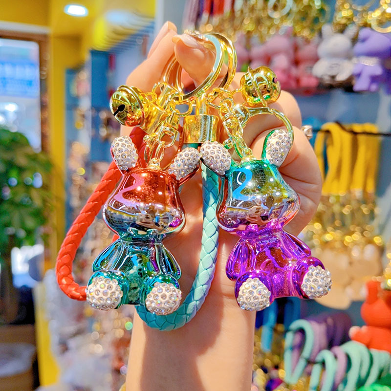 创意镶钻电镀兔子熊钥匙扣挂件时尚钥匙链挂饰渐变色兔女生包包挂