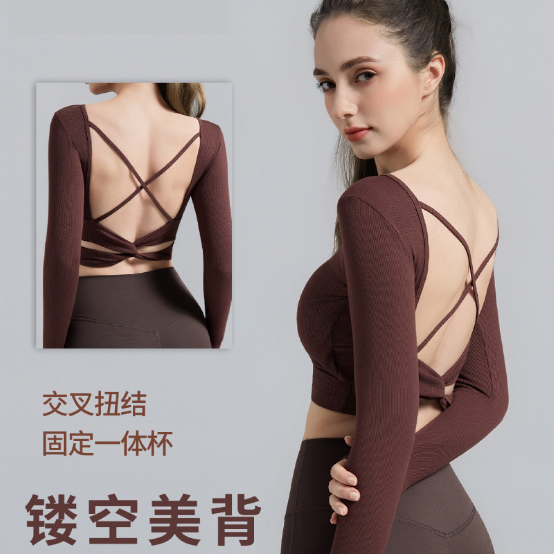 Yoga Tops for Women, Long Sleeves with Chest Pads, Pilates Cut Out Beautiful Back, Long Slimming Look Sports Long-Sleeved Training Fitness Clothes