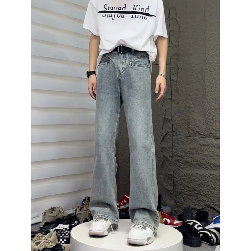 Mokuang Youth ヘイズブルー スリム ウォッシュド ブーツカット パンツ ブルー パンツ 多用途 ティーンエイジャー ニッチ デザイン ジーンズ|undefined