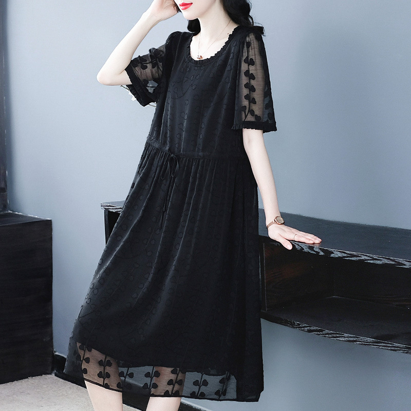 Spring/Summer Plus Size Black Slimming Fashion Dress for Mothers Over 50