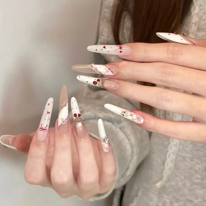 Handmade Nail Art with Cherry Polka Dots, French-Style Bow, New Year Atmosphere, Gentle and Sweet Style Nail Stickers Handmade Nail Art with Cherry Polka Dots, French-Style Bow, New Year Atmosphere, Gentle and Sweet Style Nail Stickers