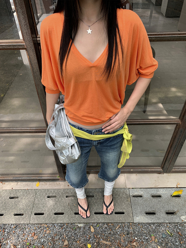 [9hour] レイジースタイル リラックス 長袖 Tシャツ レディース 2025 夏 バットスリーブ Vネック 薄手 トップス m11354|undefined