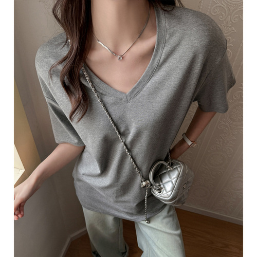 V-neck large-size loose BM lazy style versatile shoulder-length short-sleeved T-shirt for women, slim T-summer hot girl top trendy