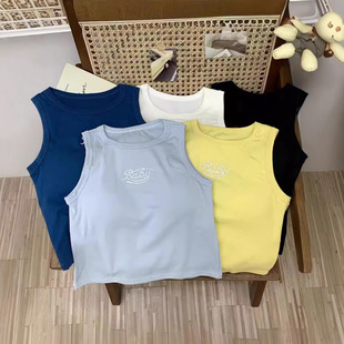 789 Round Neck Short Top, Sweet and Versatile Pure Color Summer Simple Letter Sexy Slim Vest with Built-In Breast Pad
