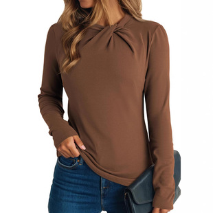 2025 Autumn and Winter European and American Amazon Cross-Border Export Pure Color Brushed Cross Round Neck Pleated Slim Long-Sleeved Bottoming Shirt