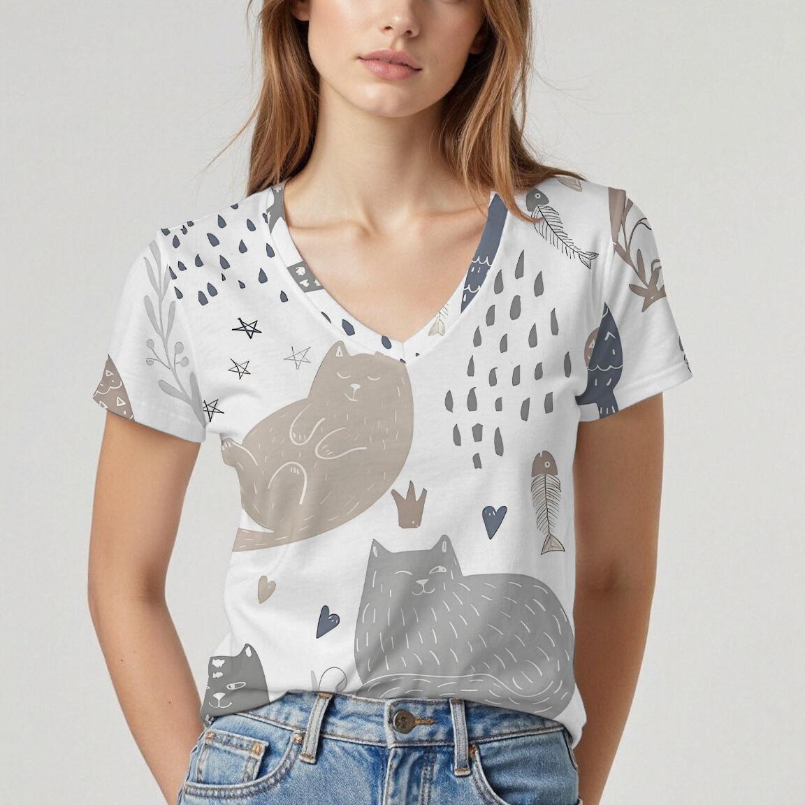 2025夏季跨境欧美新款一件定制猫咪印花短袖V领上衣时尚可爱T恤女
