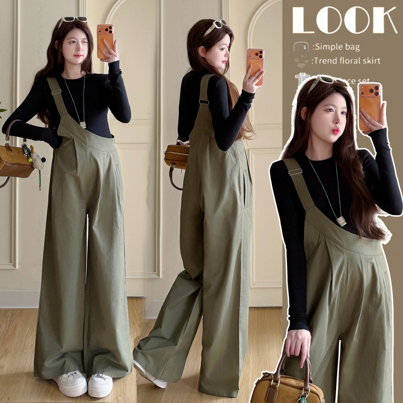 Early Spring Army Green Workwear High-Waisted Slimming Loose Wide-Leg Pants Overalls for Pregnant Women, Paired with a 2-Piece Set